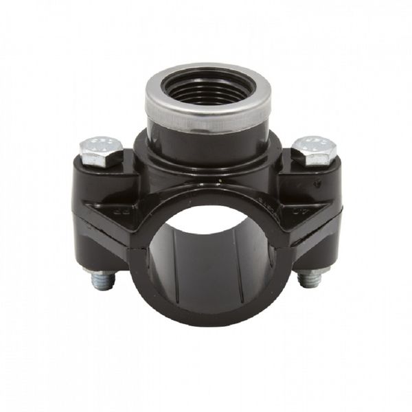 Седелка (хомут на врезку) ВР 25х3/4" Р-10 (ПНД, Компрессия), черная, с кольцом, CODE 1026