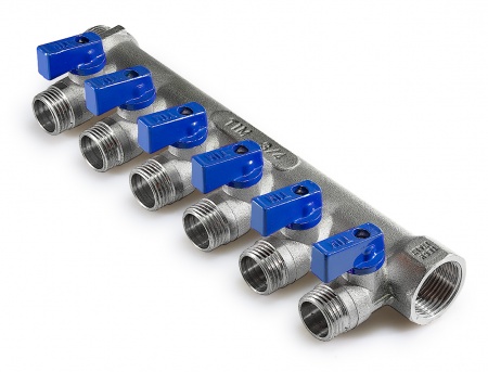 Коллектор с шаровыми кранами ВР 1" - 6х3/4" НР (никель) красные+синие ручки