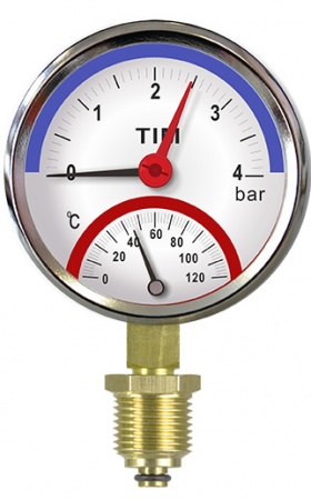 Термоманометр 0-4 бар, 0-120 оС (радиальный, СНИЗУ), 80мм, G1/4" (G1/2" через клапан)