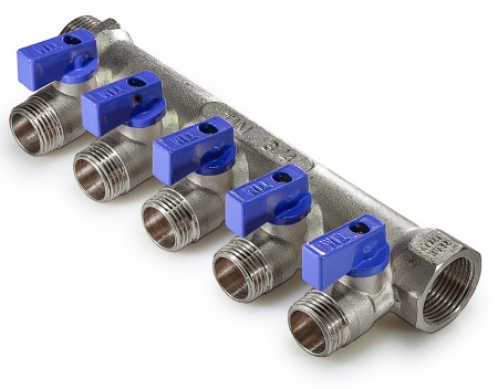 Коллектор с шаровыми кранами ВР 1" - 5х3/4" НР (никель) красные+синие ручки