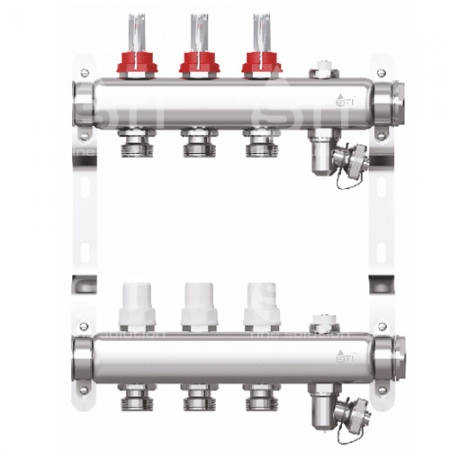 Коллектор STI нерж. с расходомерами 3 выхода (н/ж, возд.+дренаж+кронштейны)