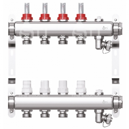 Коллектор STI нерж. с расходомерами 4 выхода (н/ж, возд.+дренаж+кронштейны)