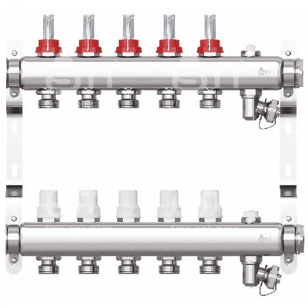Коллектор STI нерж. с расходомерами 5 выходов (н/ж, возд.+дренаж+кронштейны)