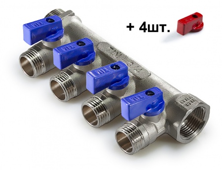 Коллектор ВР 3/4" - 4х1/2" НР никелированный (с кранами)