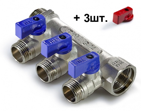 Коллектор с шаровыми кранами ВР 1" - 3х3/4" НР (никель) красные+синие ручки