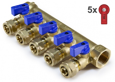 Коллектор латунный TIM с шаровыми кранами ВР 3/4" - 5х16 с цангами под МП трубу ф16